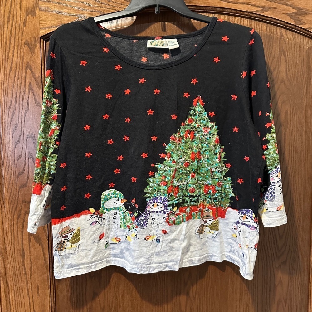 Collections Etc Womens Christmas Tree Snowman Top 3/4 Sleeve XL Holiday‎